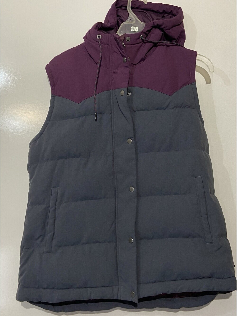 Womens PATAGONIA Purple/Gray Down Bivy Hooded Vest Sz L